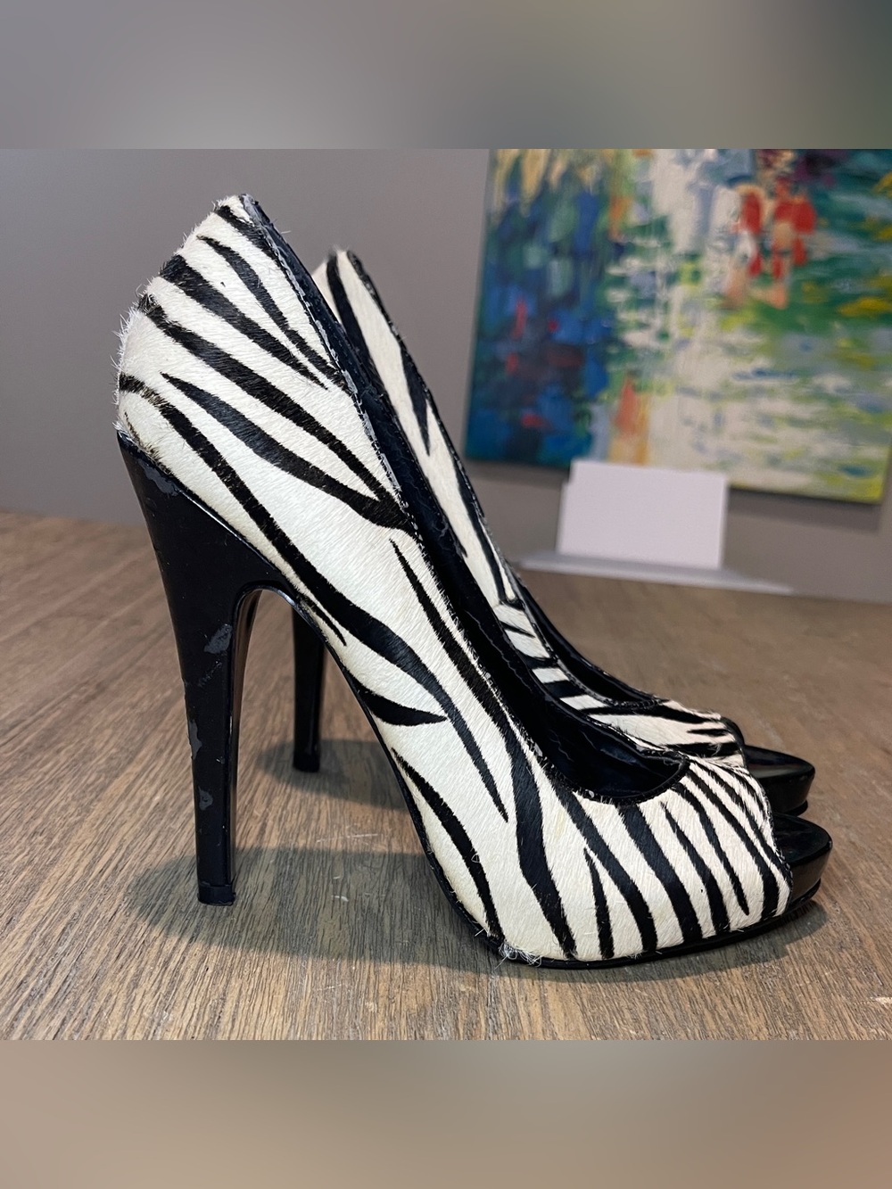 Aldo Black & White Zebra Print Peep-Toe Stilettos, Size 37